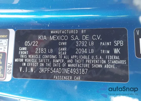 2022 Kia Forte Gt-Line из США, поврежденный, VIN 3KPF54AD1NE493187